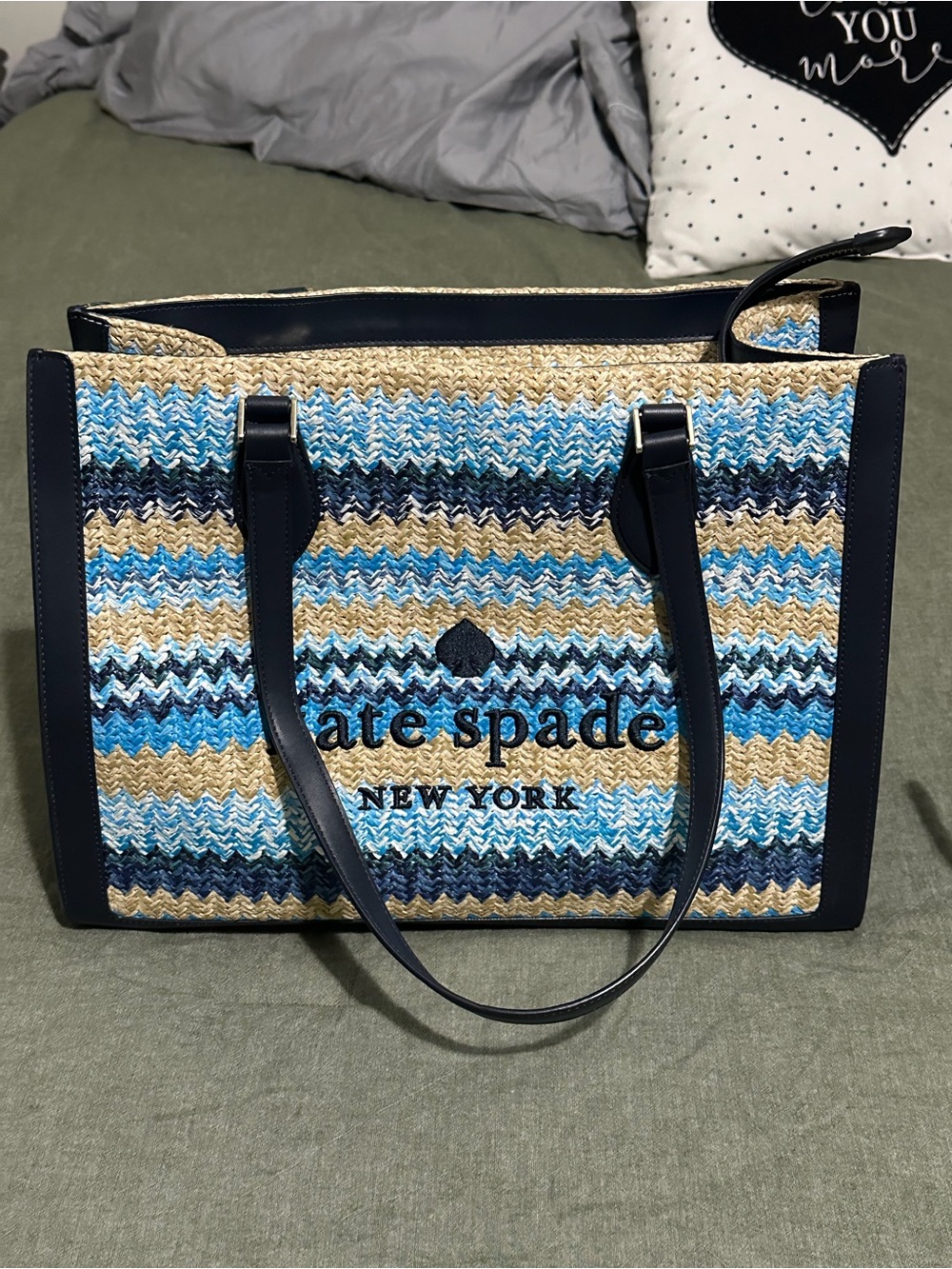 kate spade Navy and Blue Striped Straw Tote